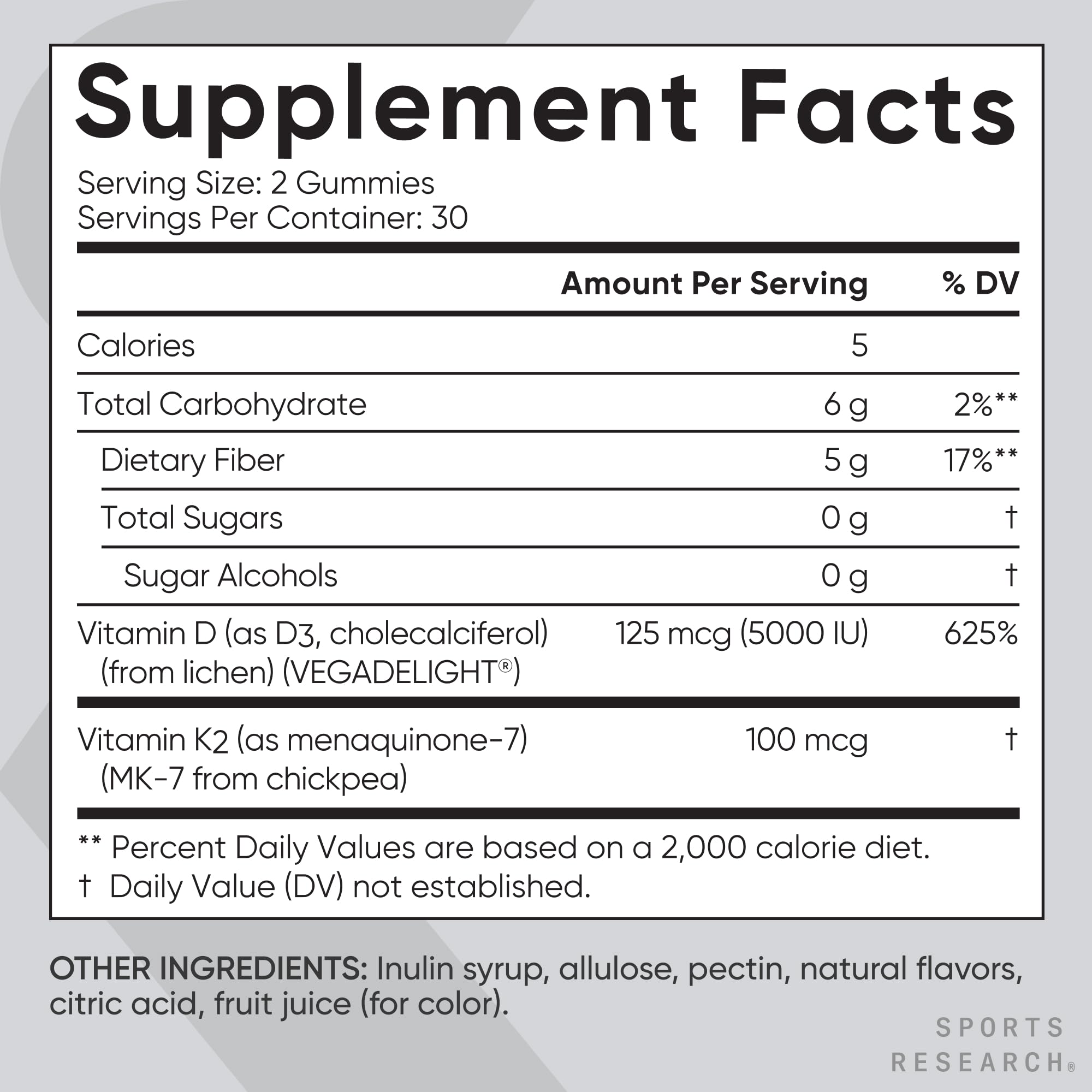 Sports Research vegan D3 K2 gummies packaging box communicates vegan, sugar-free formulation.