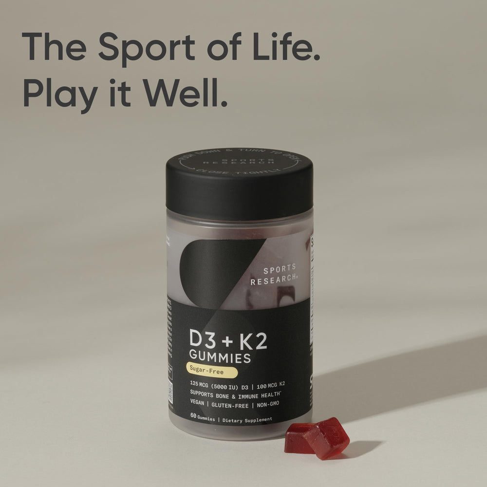 Sports Research vegan D3 K2 gummies serving angle emphasizes convenient daily bite.