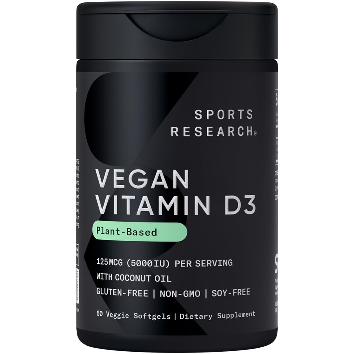 Sports Research vegan D3 softgels with coconut oil for absorption.