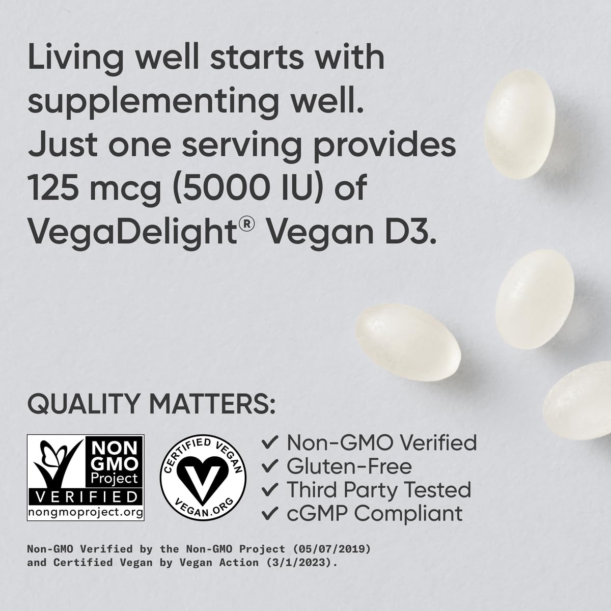 Close-up of vegan D3 softgel encapsulated in translucent shell.