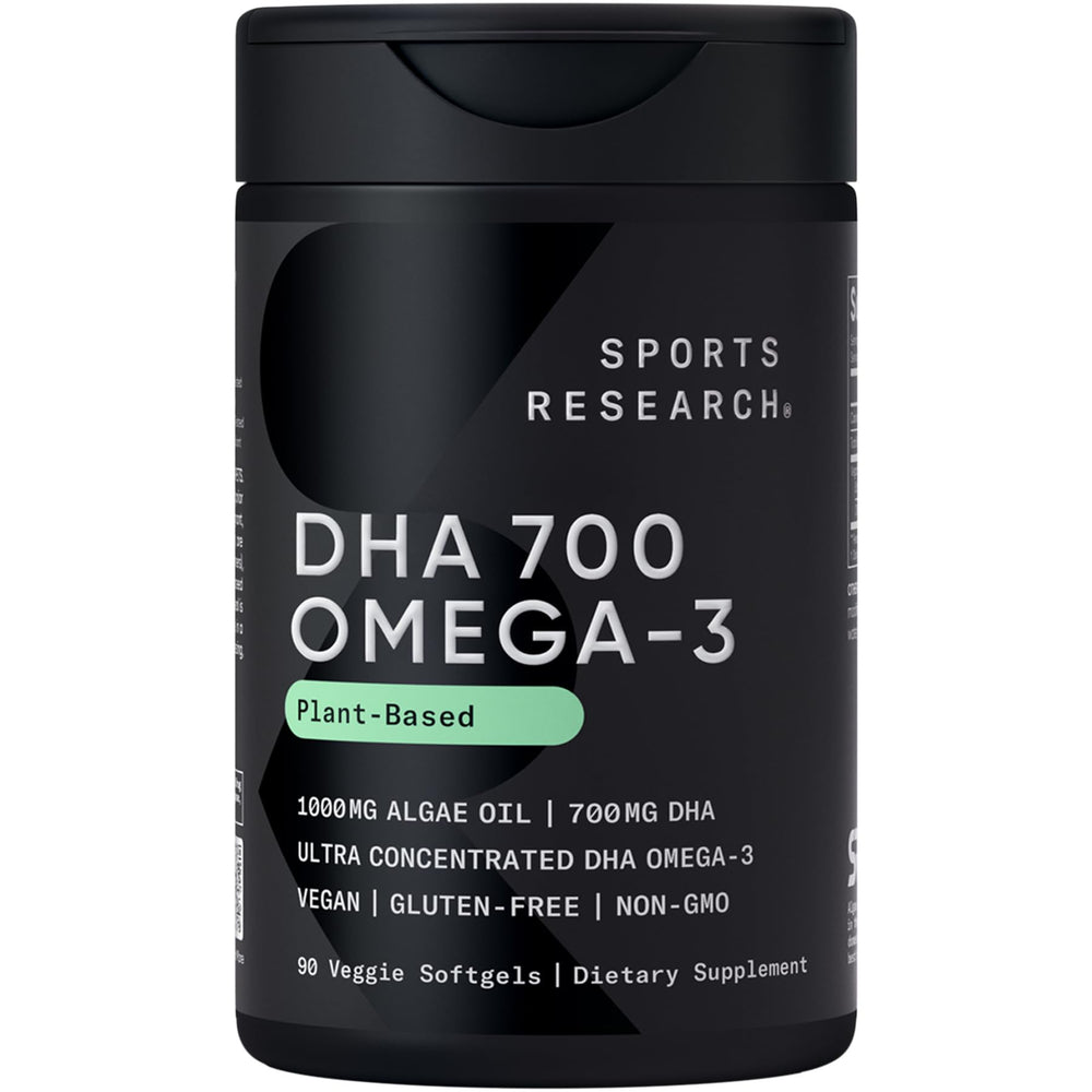 Sports Research Vegan DHA 700mg bottle front view for daily cognitive support.