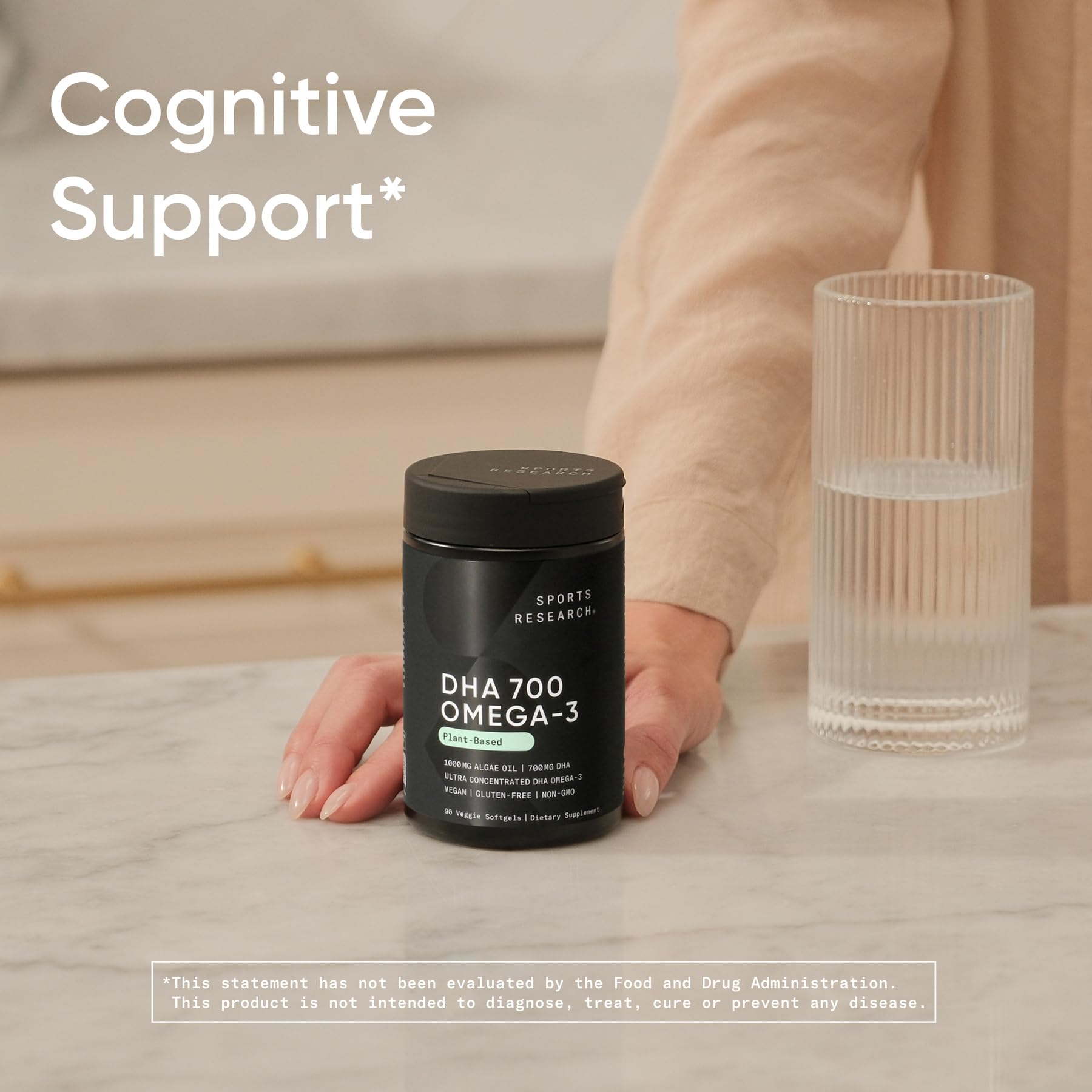 Sports Research Vegan DHA softgel shown in a daily routine.