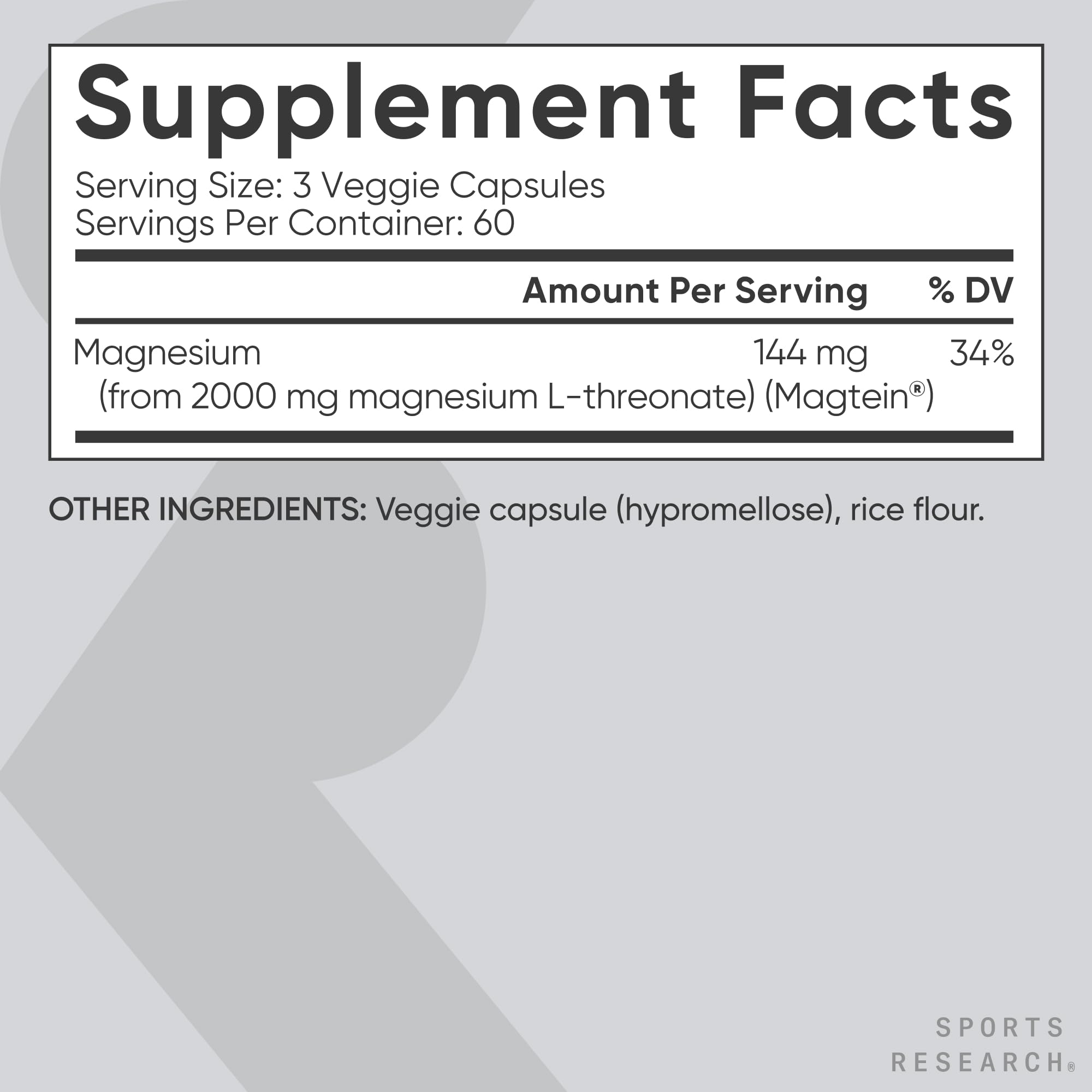 Sports Research vegan magnesium L-threonate capsules for daily use.