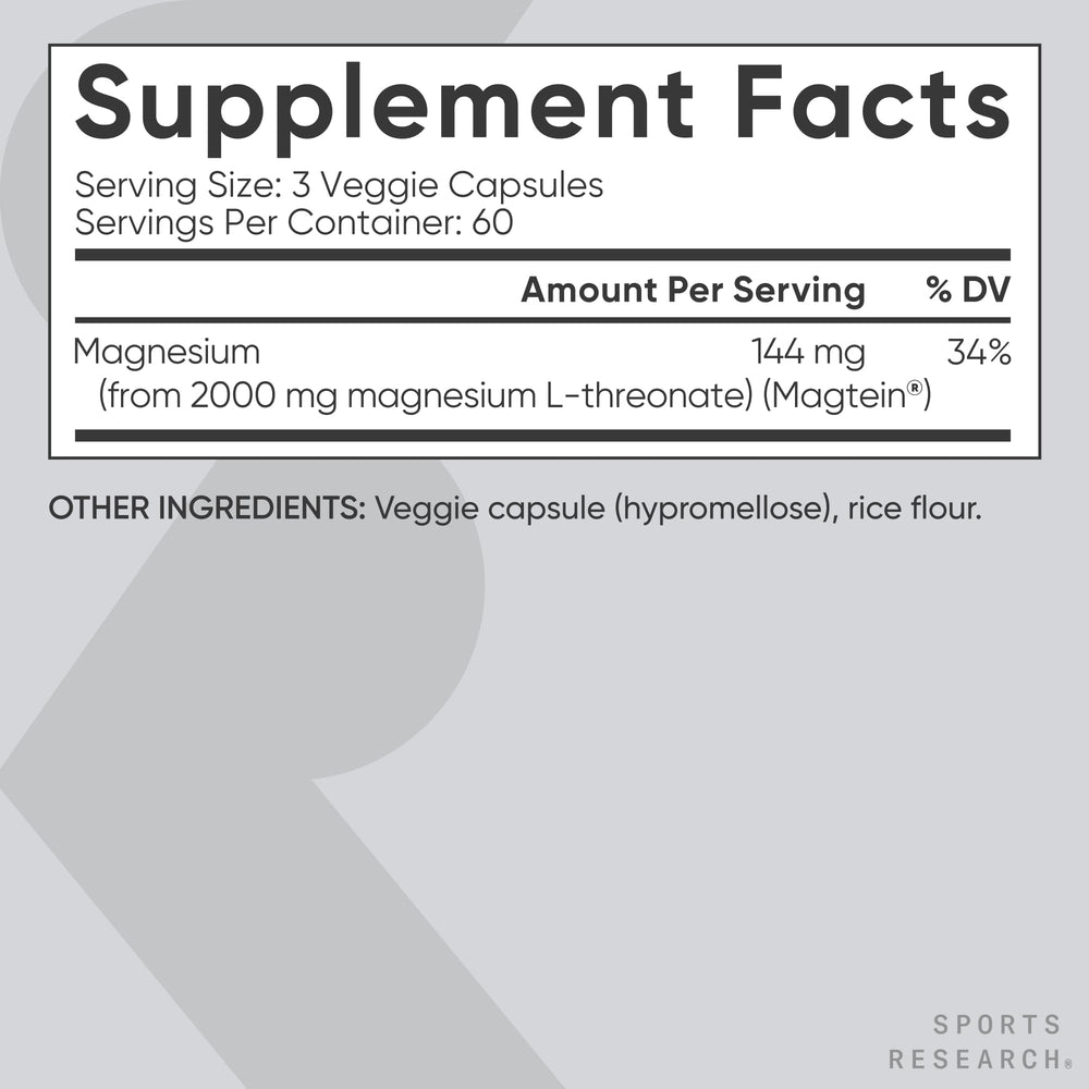 Sports Research vegan magnesium L-threonate capsules for daily use.