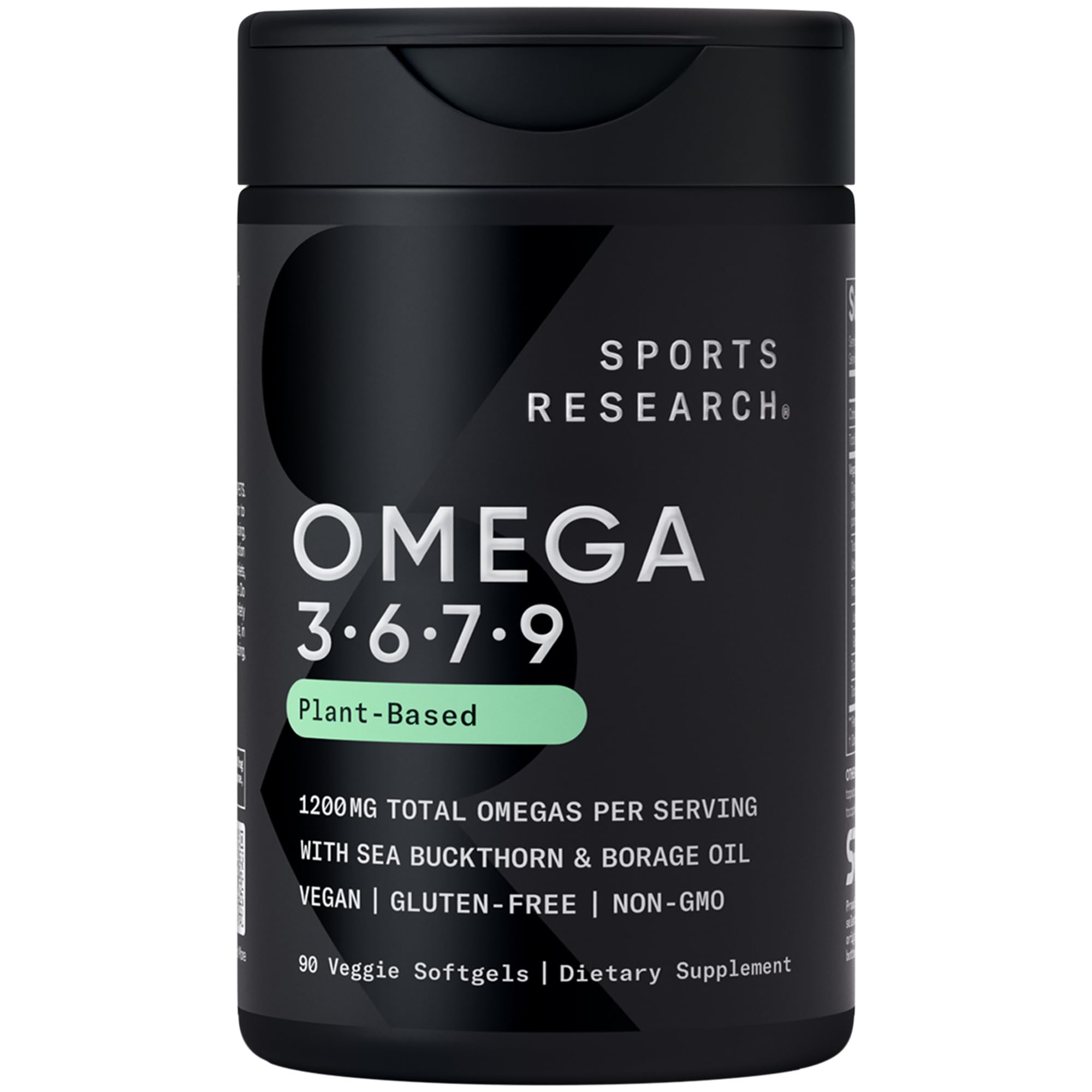 Sports Research Vegan Omega 3-6-7-9 softgel bottle on a counter supports daily wellness