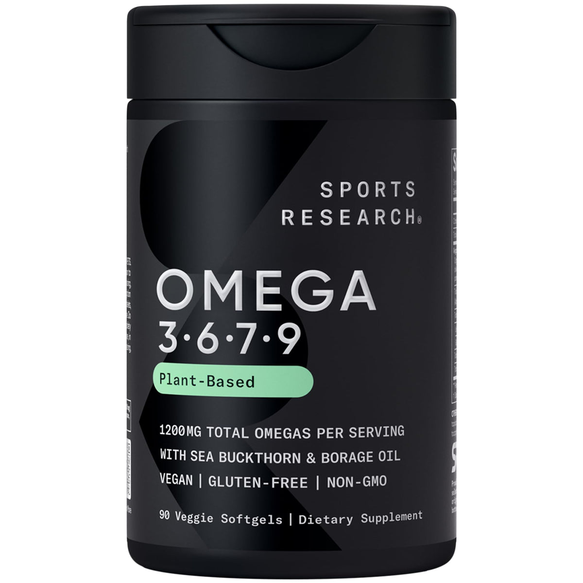 Sports Research Vegan Omega 3-6-7-9 softgel bottle on a counter supports daily wellness