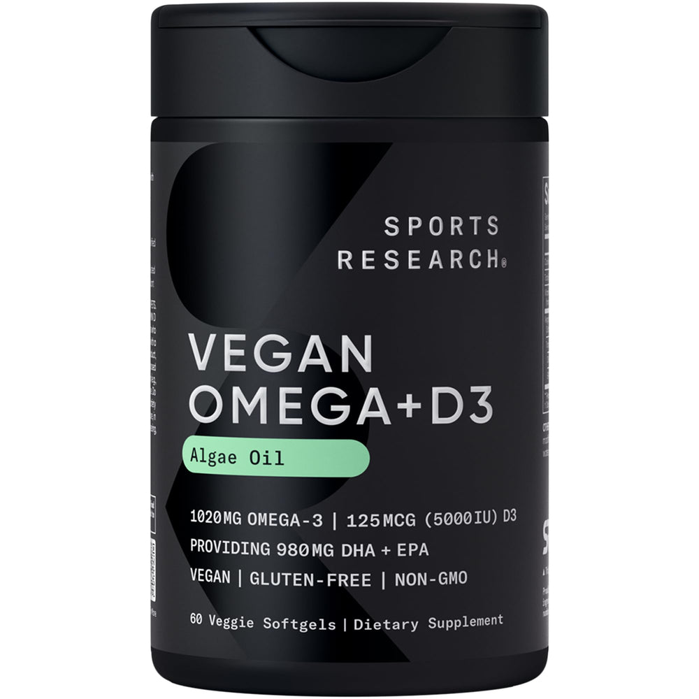 Sports Research vegan Omega-3 with D3 softgels bottle highlighting plant-based omega-3 source for daily support.