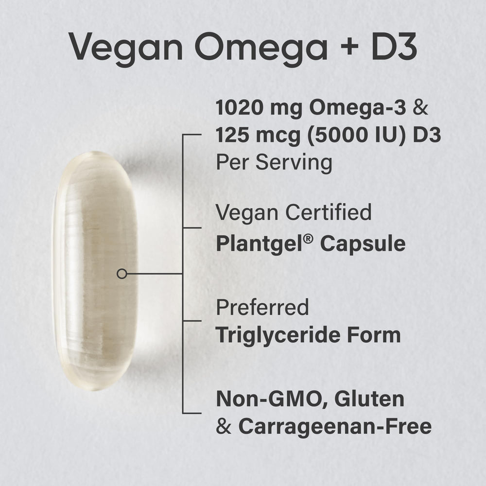 Sports Research vegan Omega-3 D3 softgels capsules on packaging emphasize algae-derived EPA and DHA.
