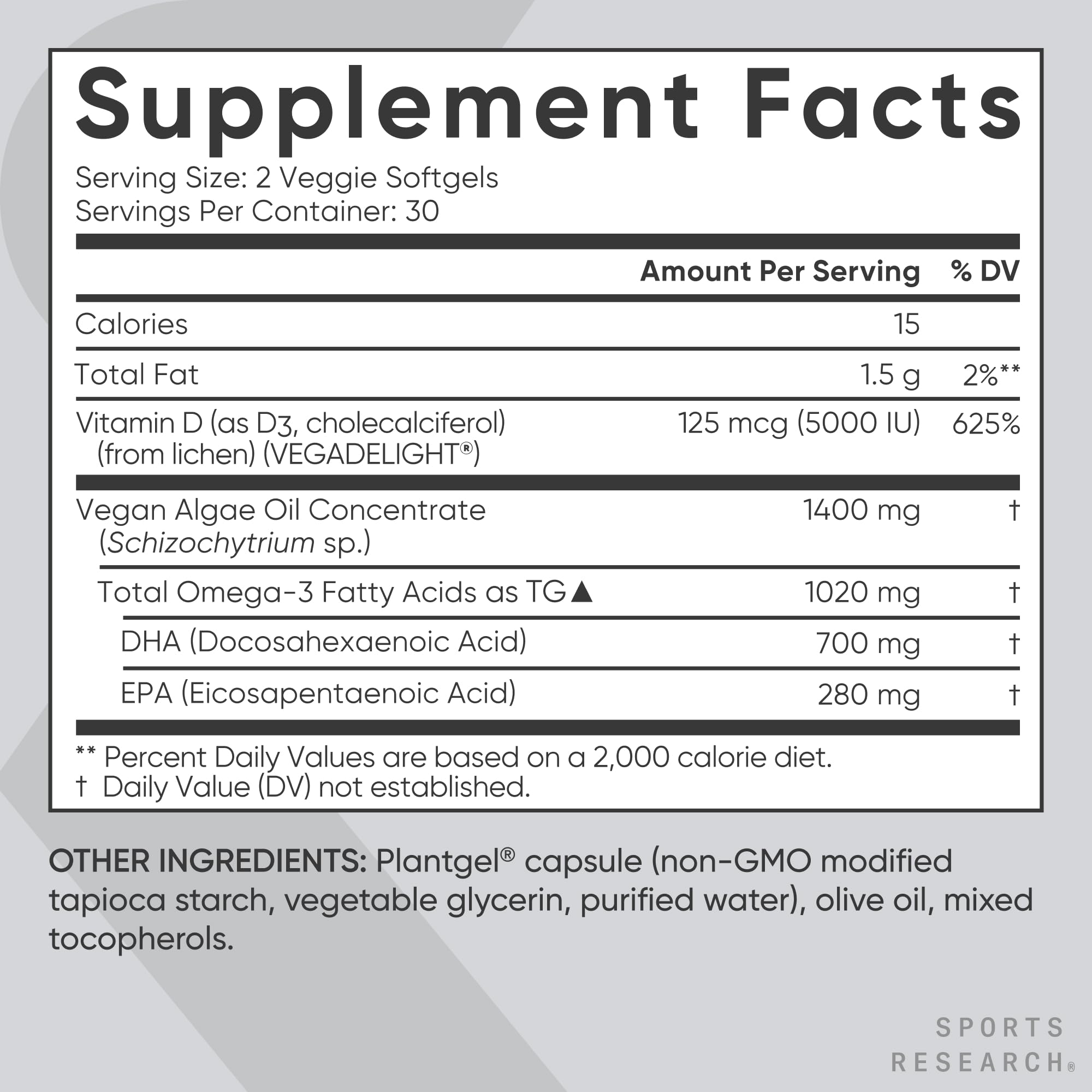 Sports Research vegan omega-3 D3 softgels image shows algae-based source for clean fats.