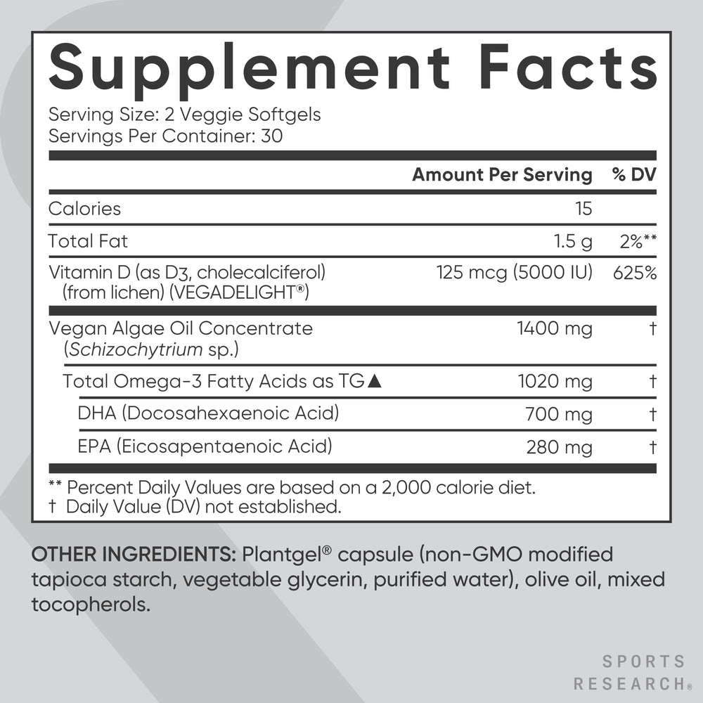 Sports Research vegan omega-3 D3 softgels image shows algae-based source for clean fats.