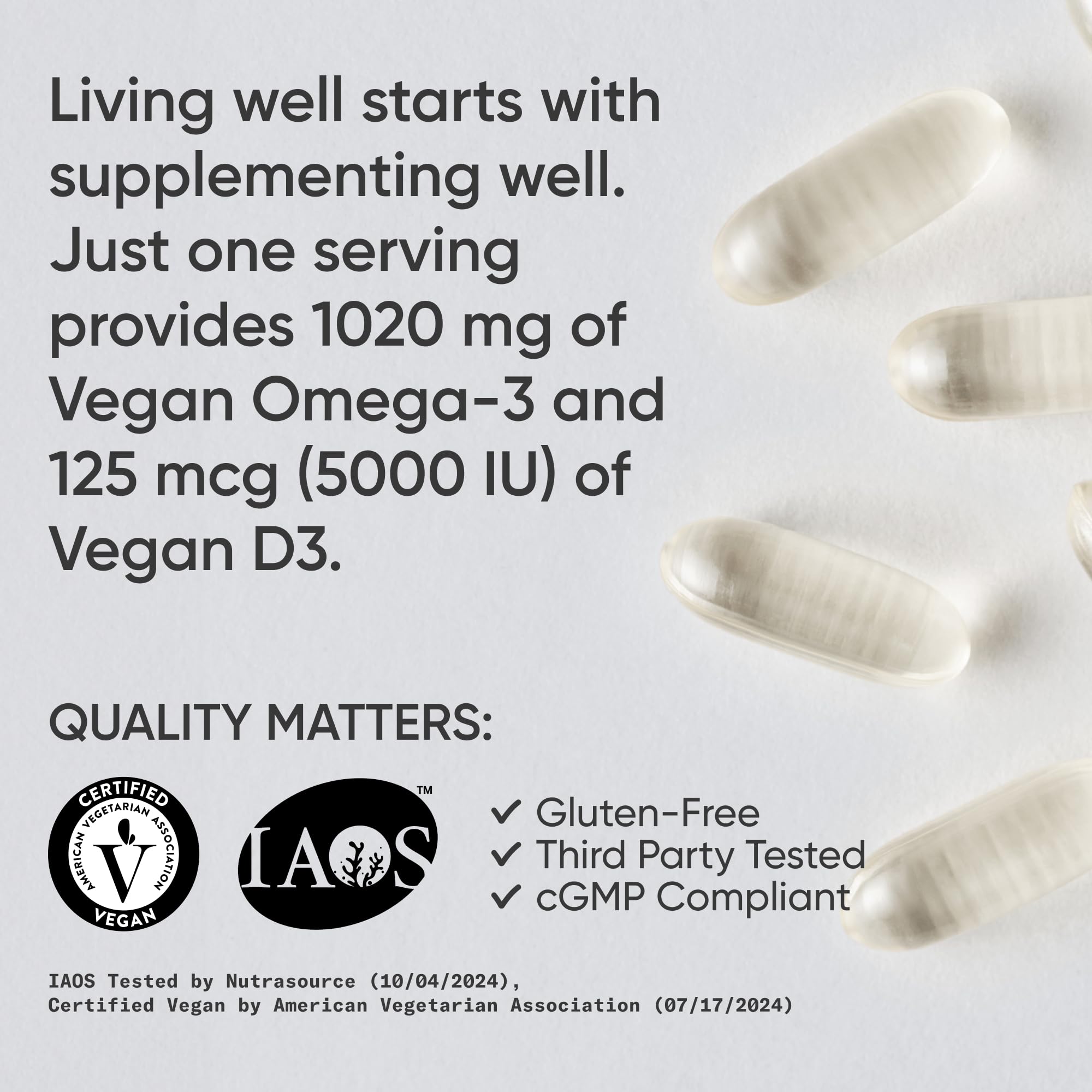 Sports Research vegan Omega-3 D3 softgels label highlighting vegan certifications for trust.