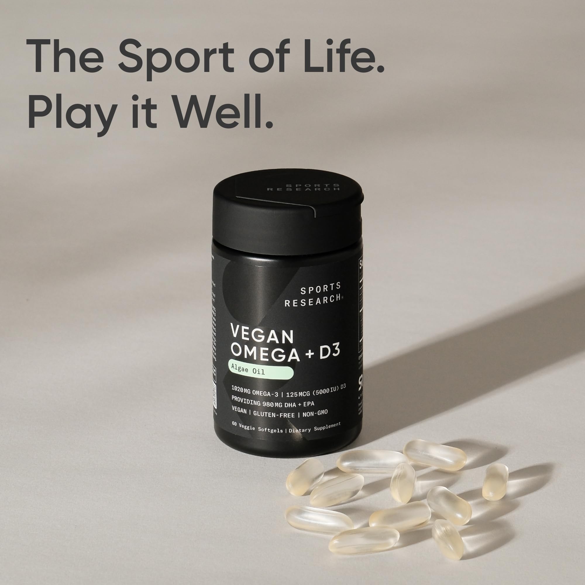 Sports Research vegan Omega-3 D3 softgels on shelf with storage guidance note.