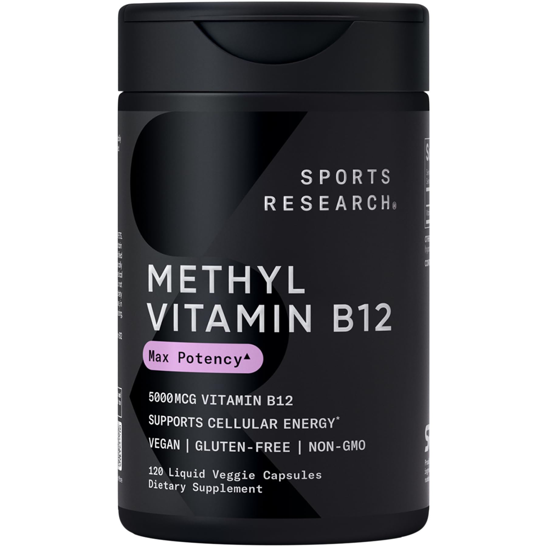 Sports Research Vitamin B12 bottle label highlighting vegan and gluten-free claims for energy support