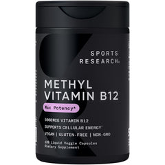 Sports Research Vitamin B12 bottle label highlighting vegan and gluten-free claims for energy support