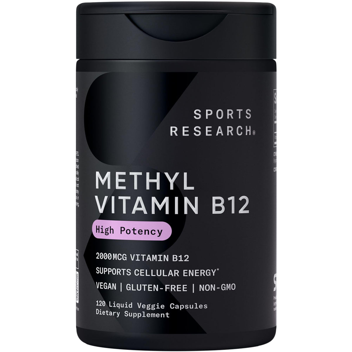 Sports Research vitamin B12 bottle front signals vegan energy support