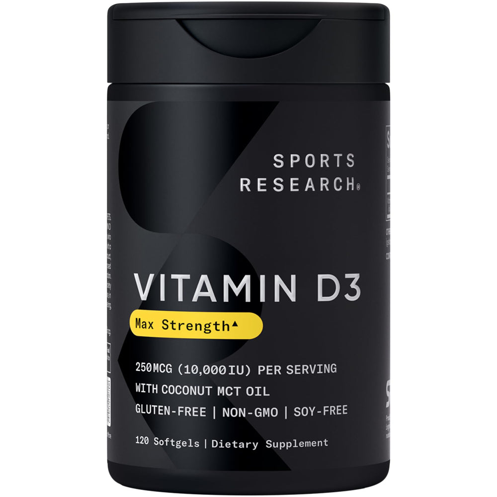 Sports Research Vitamin D3 10,000 IU bottle on shelf supports daily immune and bone health.