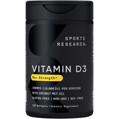 Sports Research Vitamin D3 10,000 IU bottle on shelf supports daily immune and bone health.