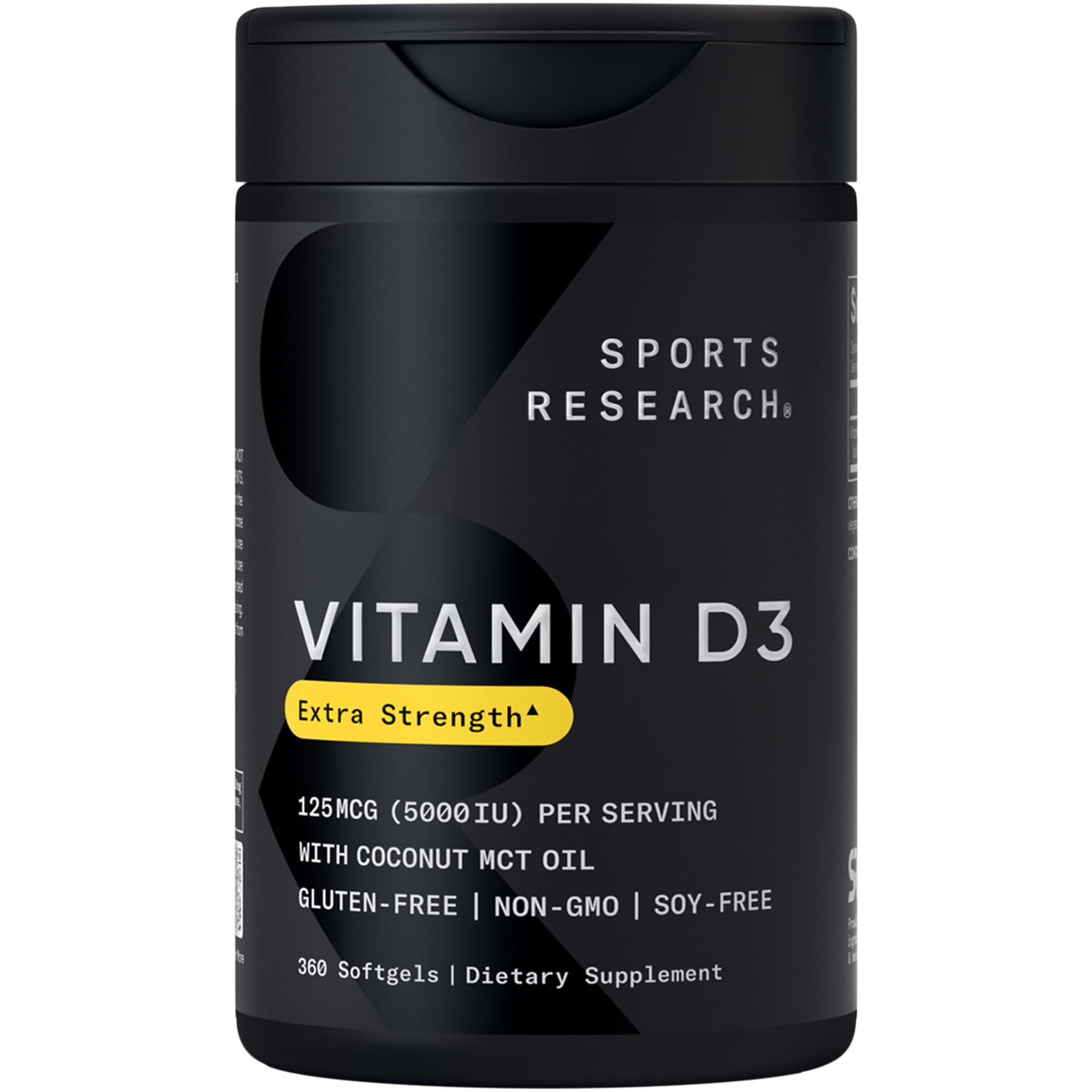 Sports Research Vitamin D3 bottle with softgels for daily bone and immune support.