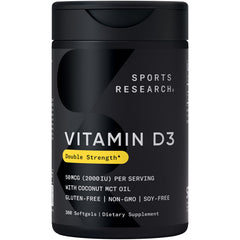 Sports Research Vitamin D3 bottle showing 360 mini softgels for daily immune and bone support.