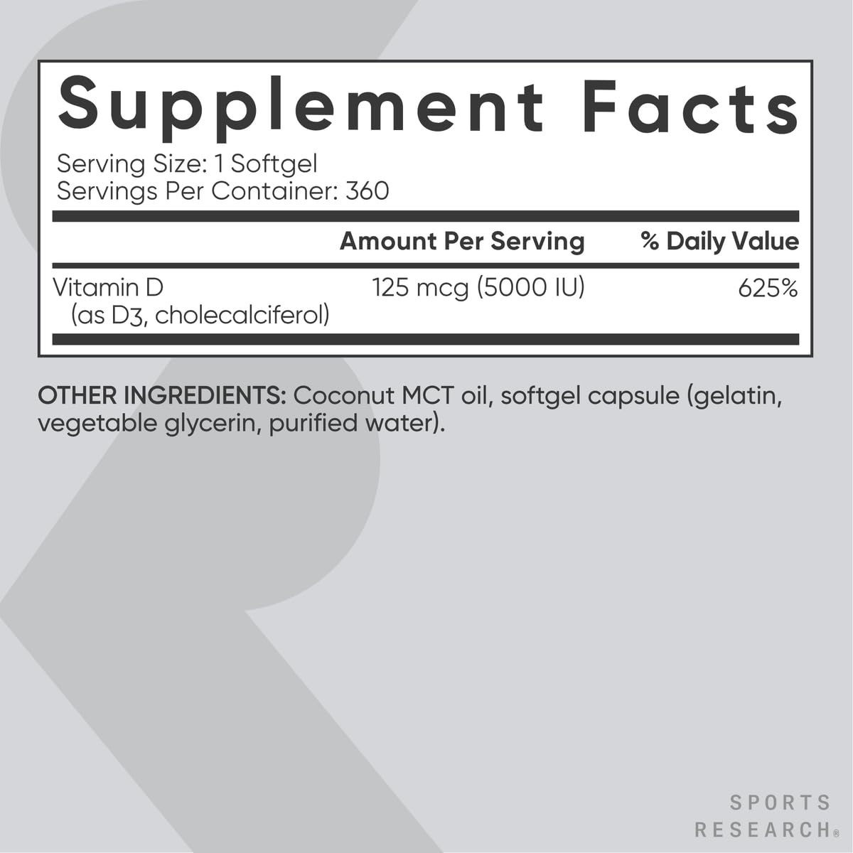 Sports Research Vitamin D3 packaging highlighting 5,000 IU per softgel.
