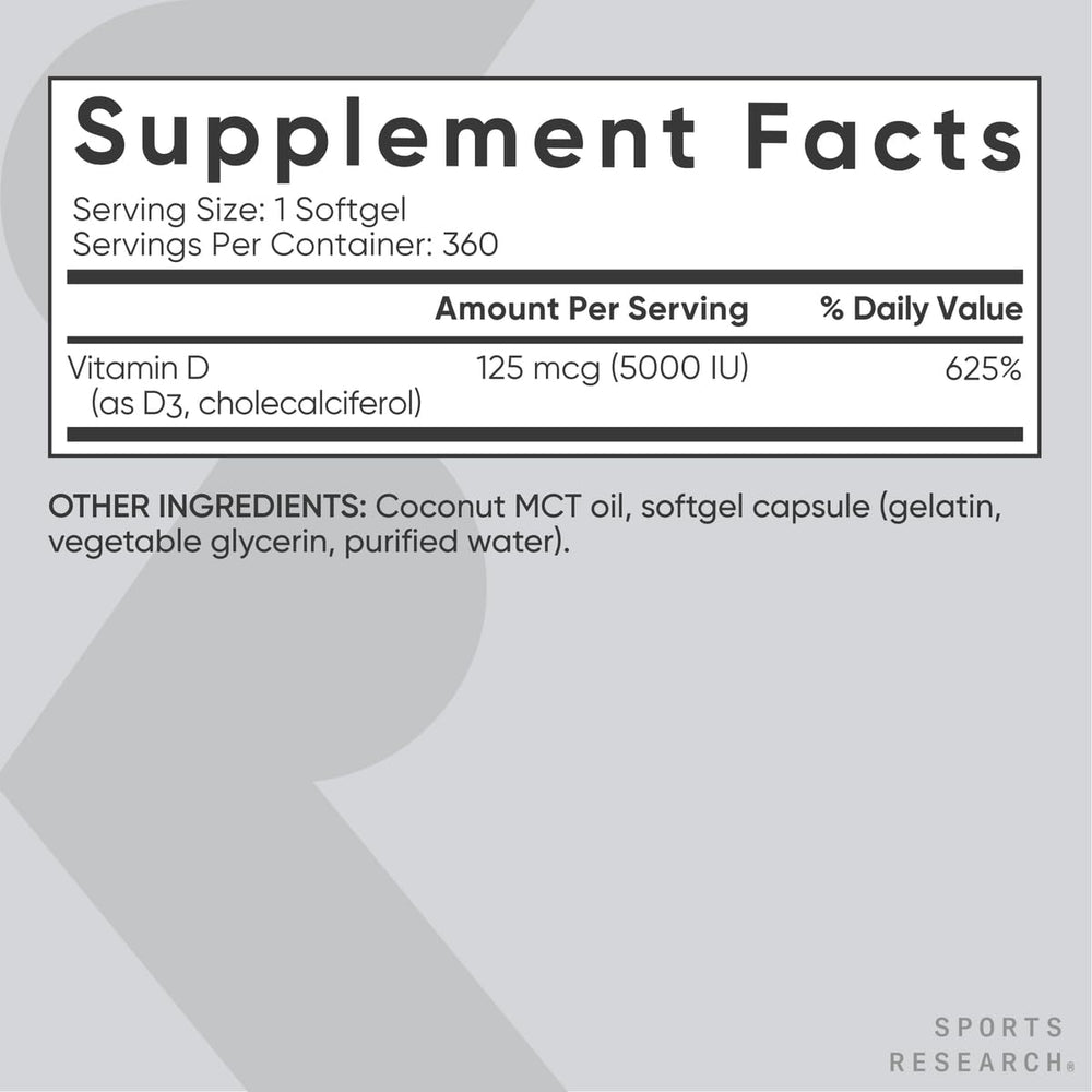 Sports Research Vitamin D3 packaging highlighting 5,000 IU per softgel.