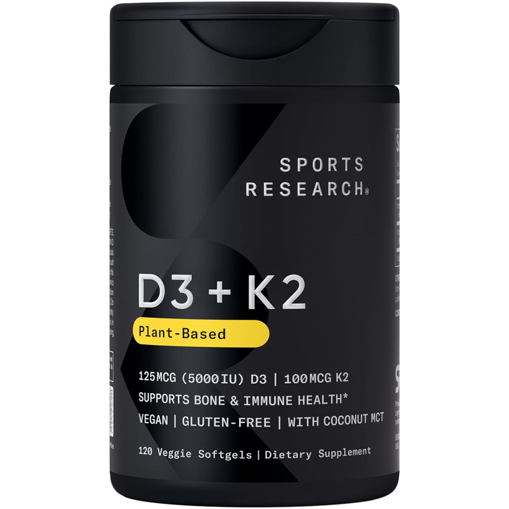 Sports Research Vitamin D3 K2 softgels bottle label highlighting vegan formula and bone support