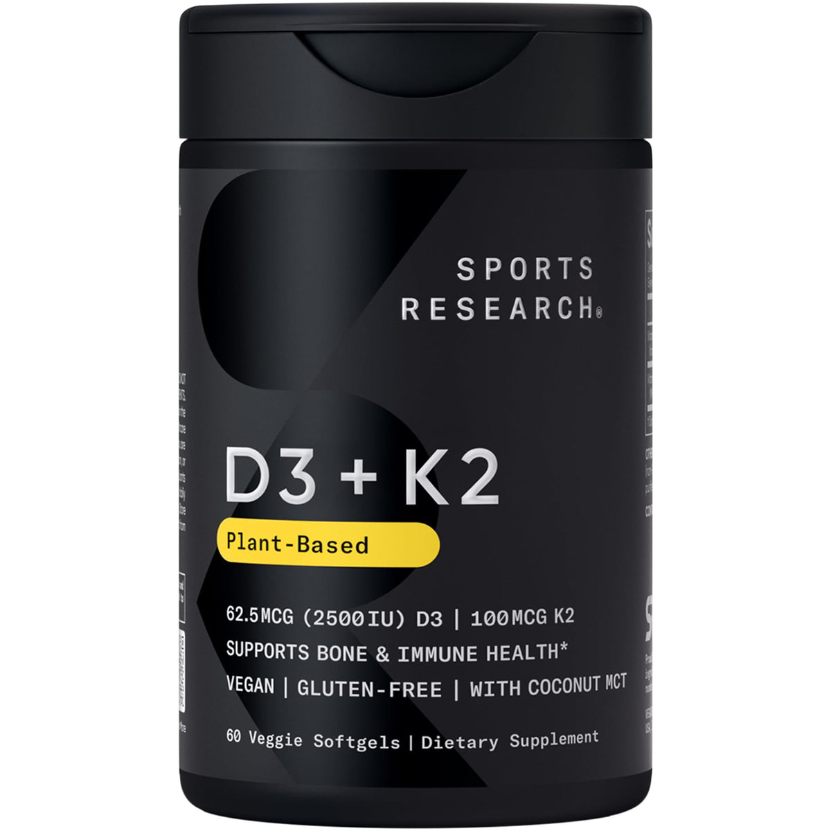 Sports Research Vitamin D3 + K2 softgels bottle for daily bone and immune support.
