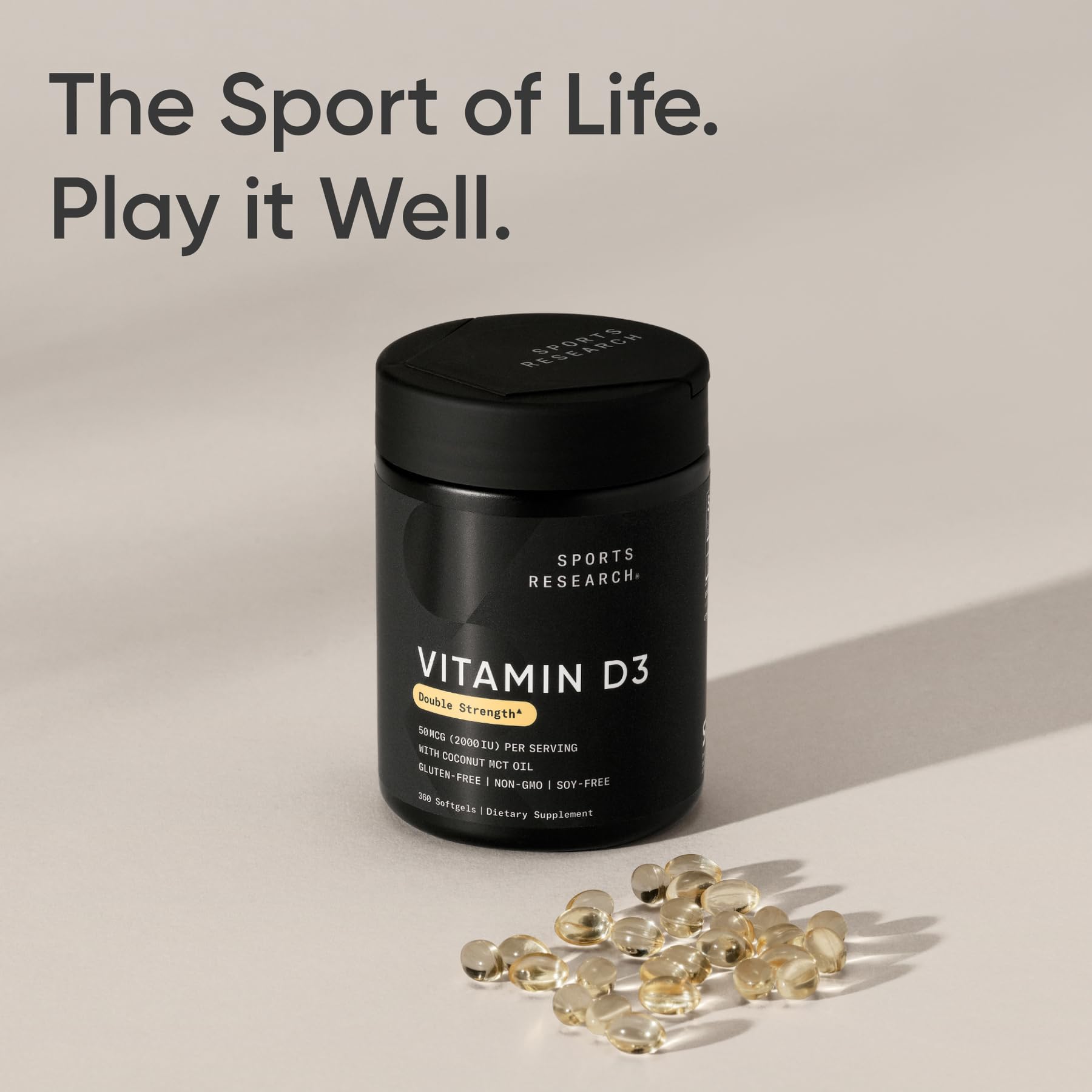 Sports Research Vitamin D3 made-in-USA certification badge on the bottle.