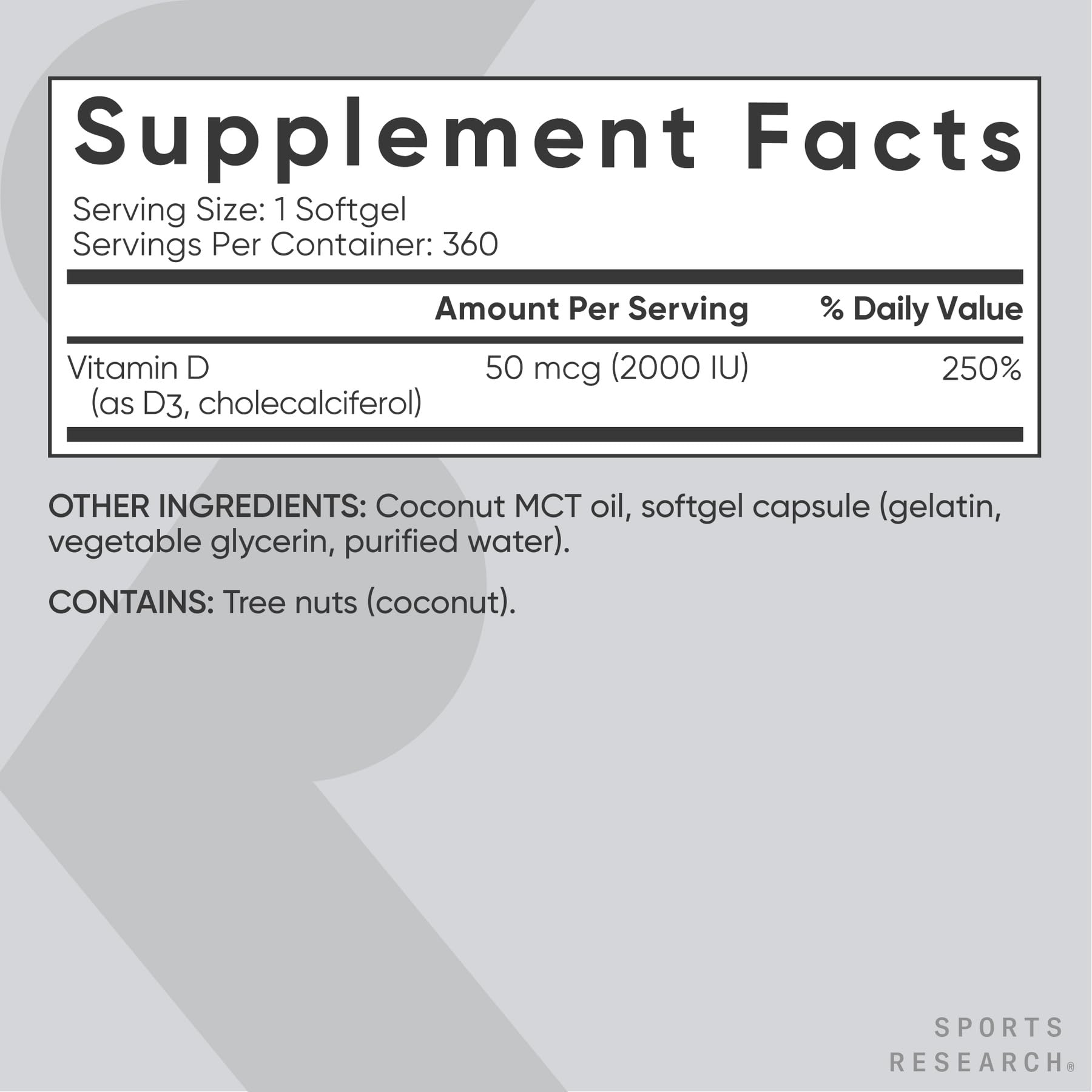 Sports Research Vitamin D3 non-GMO and gluten-free label on packaging.