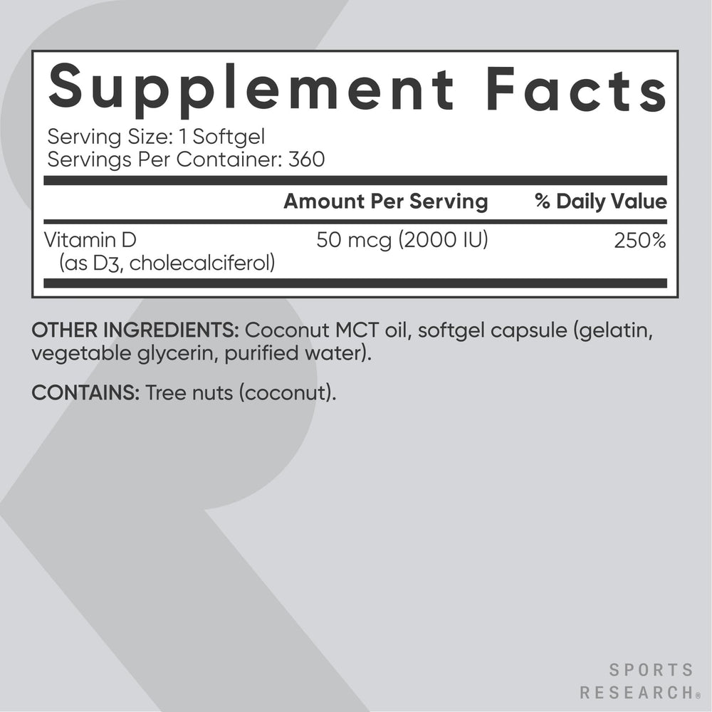 Sports Research Vitamin D3 non-GMO and gluten-free label on packaging.