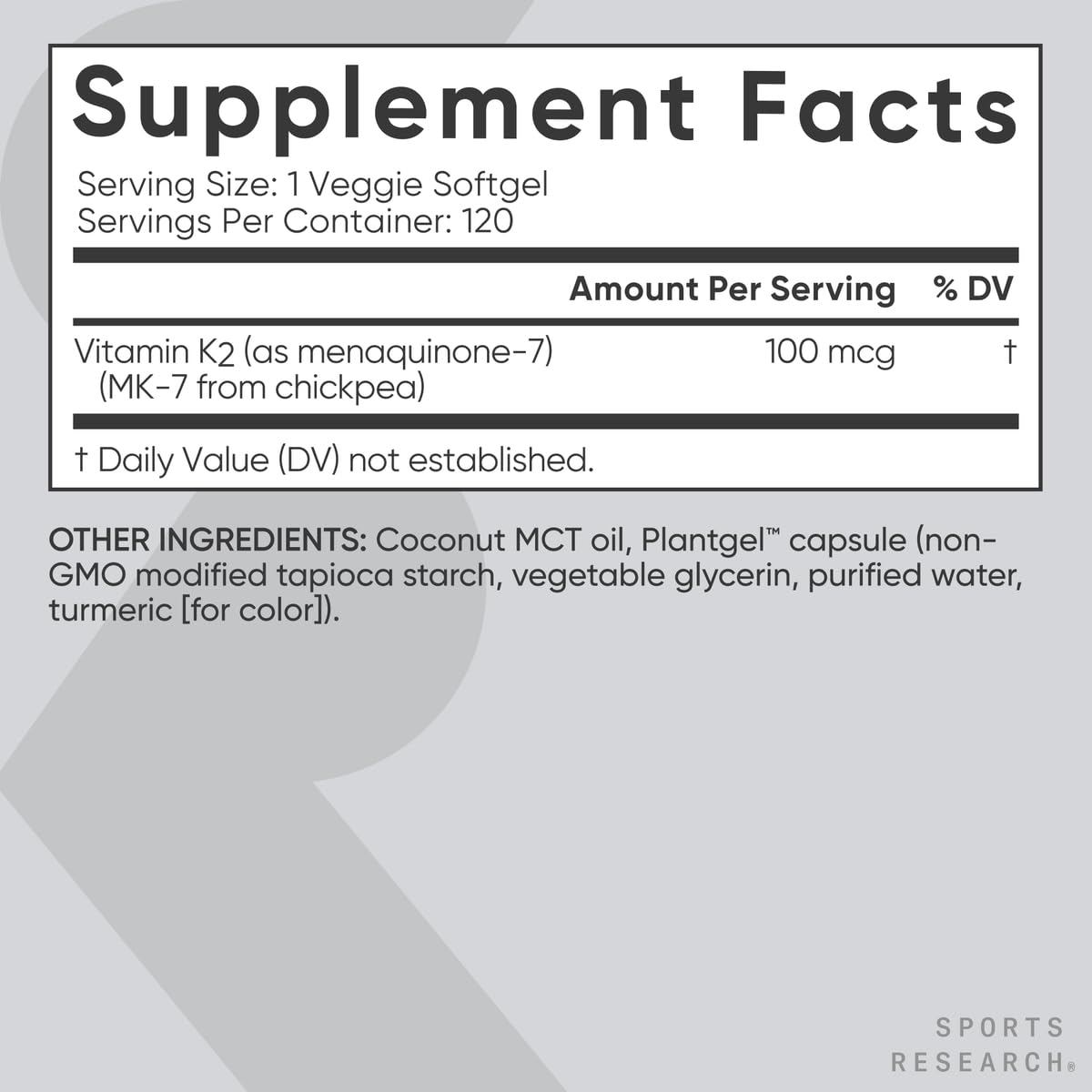 Sports Research Vitamin K2 MK-7 PlantGel softgel with carrageenan-free formulation