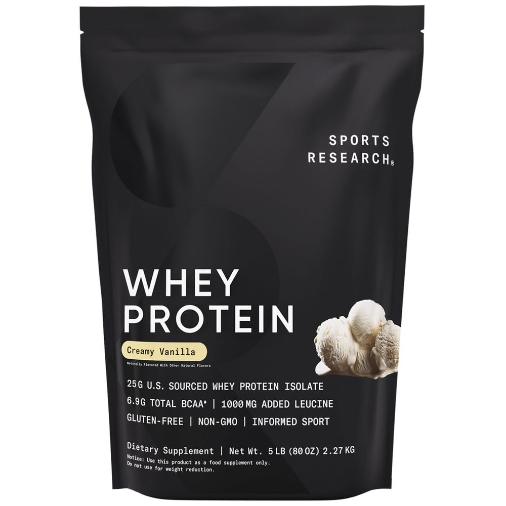 Sports Research Whey Protein Isolate vanilla bag front showcases premium protein for post-workout fueling.