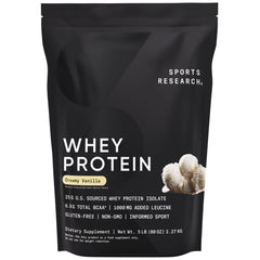 Sports Research Whey Protein Isolate vanilla bag front showcases premium protein for post-workout fueling.
