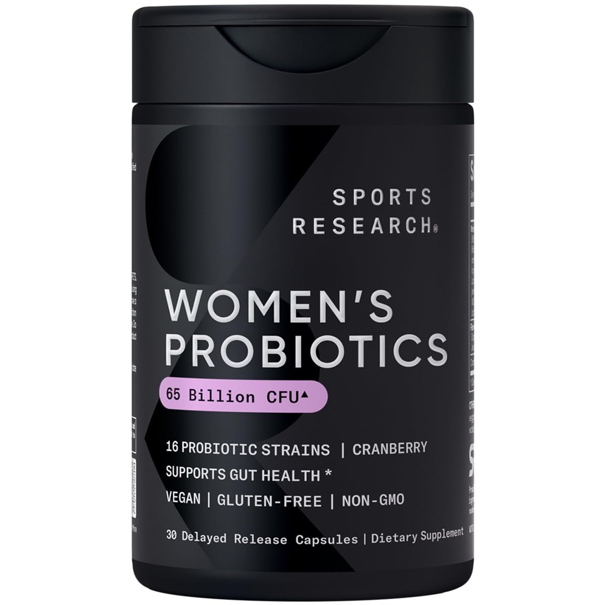 Sports Research Women's Probiotics bottle front showing 65 billion CFU for gut support.