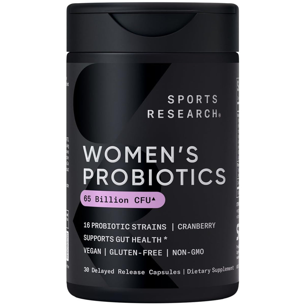 Sports Research Women's Probiotics bottle front showing 65 billion CFU for gut support.