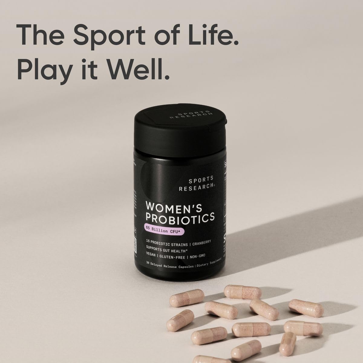 Sports Research Women's Probiotics non-GMO verification seal on bottle.