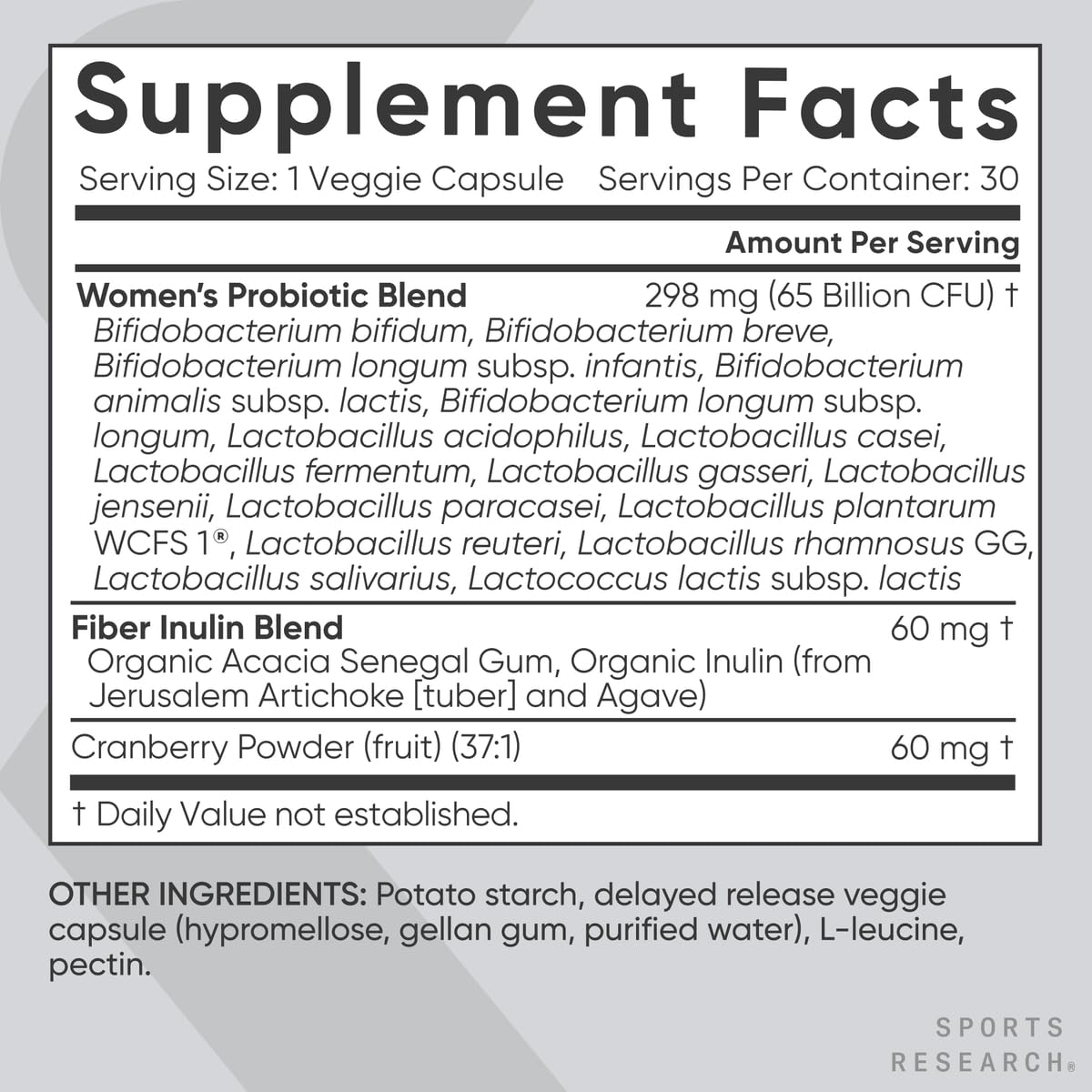 Sports Research Women's Probiotics veggie capsules close-up emphasizing plant-based capsules.