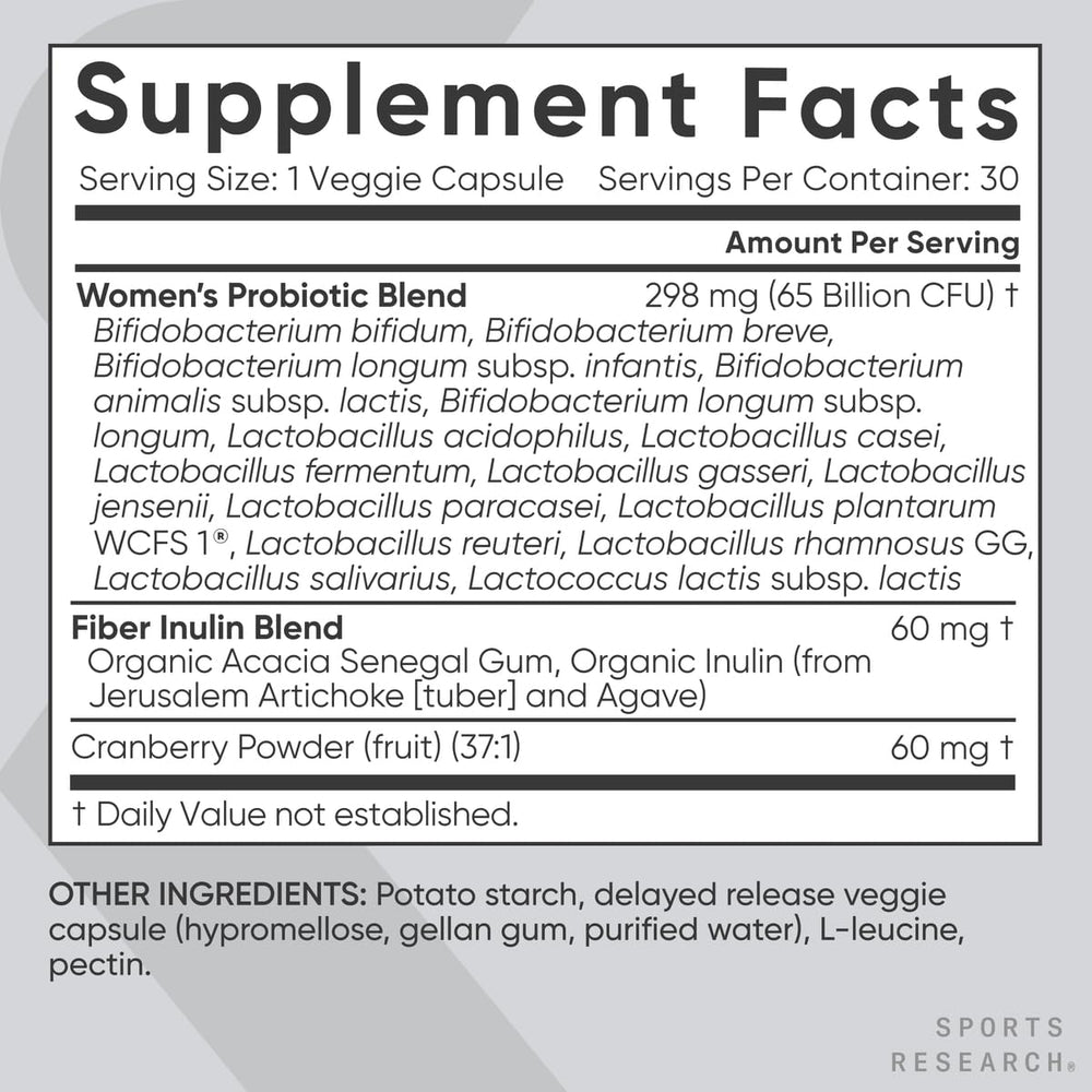 Sports Research Women's Probiotics veggie capsules close-up emphasizing plant-based capsules.