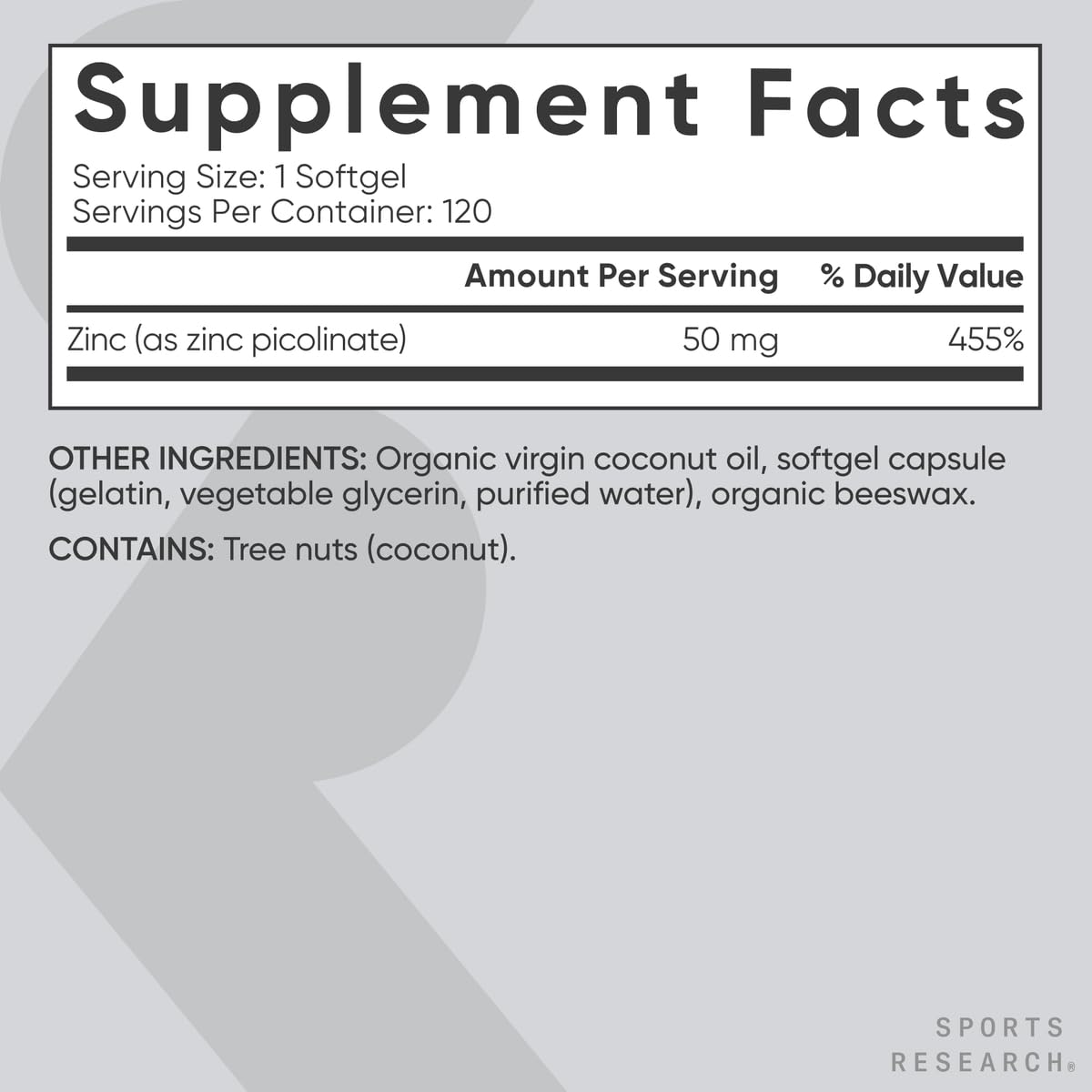 Sports Research Zinc Picolinate packaging emphasizes USA-made quality and third-party testing.
