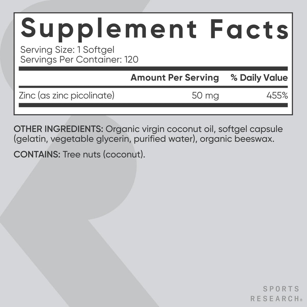 Sports Research Zinc Picolinate packaging emphasizes USA-made quality and third-party testing.