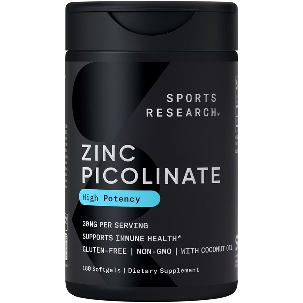 Sports Research Zinc Picolinate softgel bottle shows 30 mg dose for daily immune support.