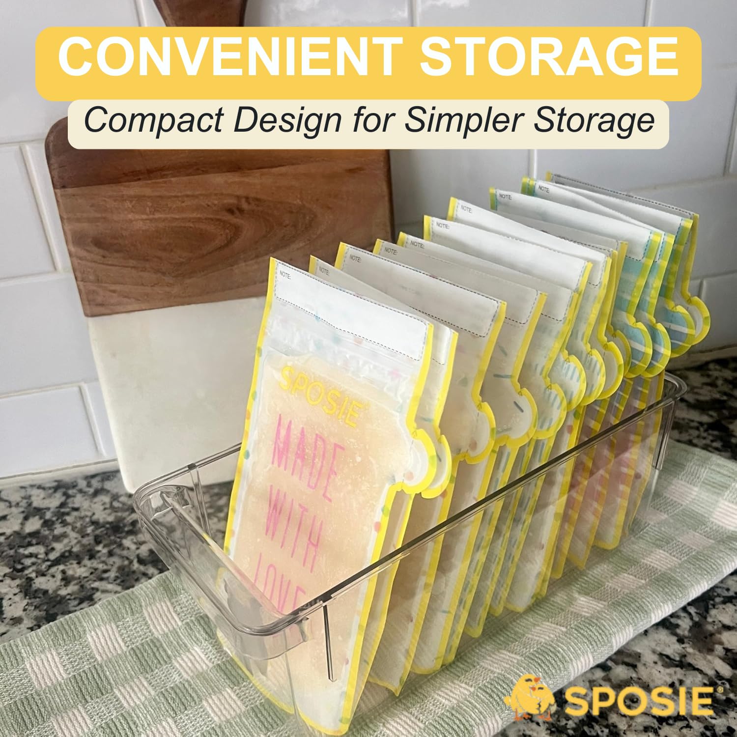 SPOSIE SimpleFeed bag space-saving design fits neatly in fridge or freezer.