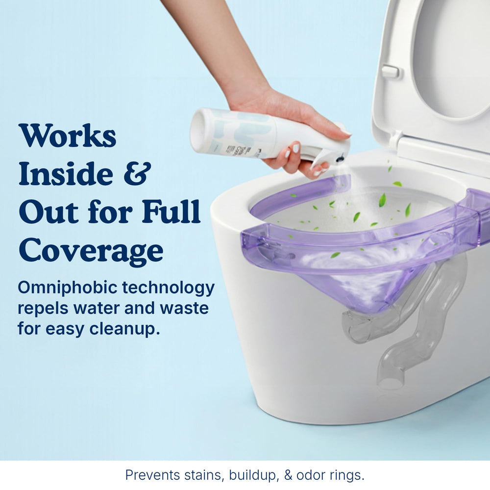 SpotLESS Materials bathroom scene shows busy home benefits of less scrubbing.