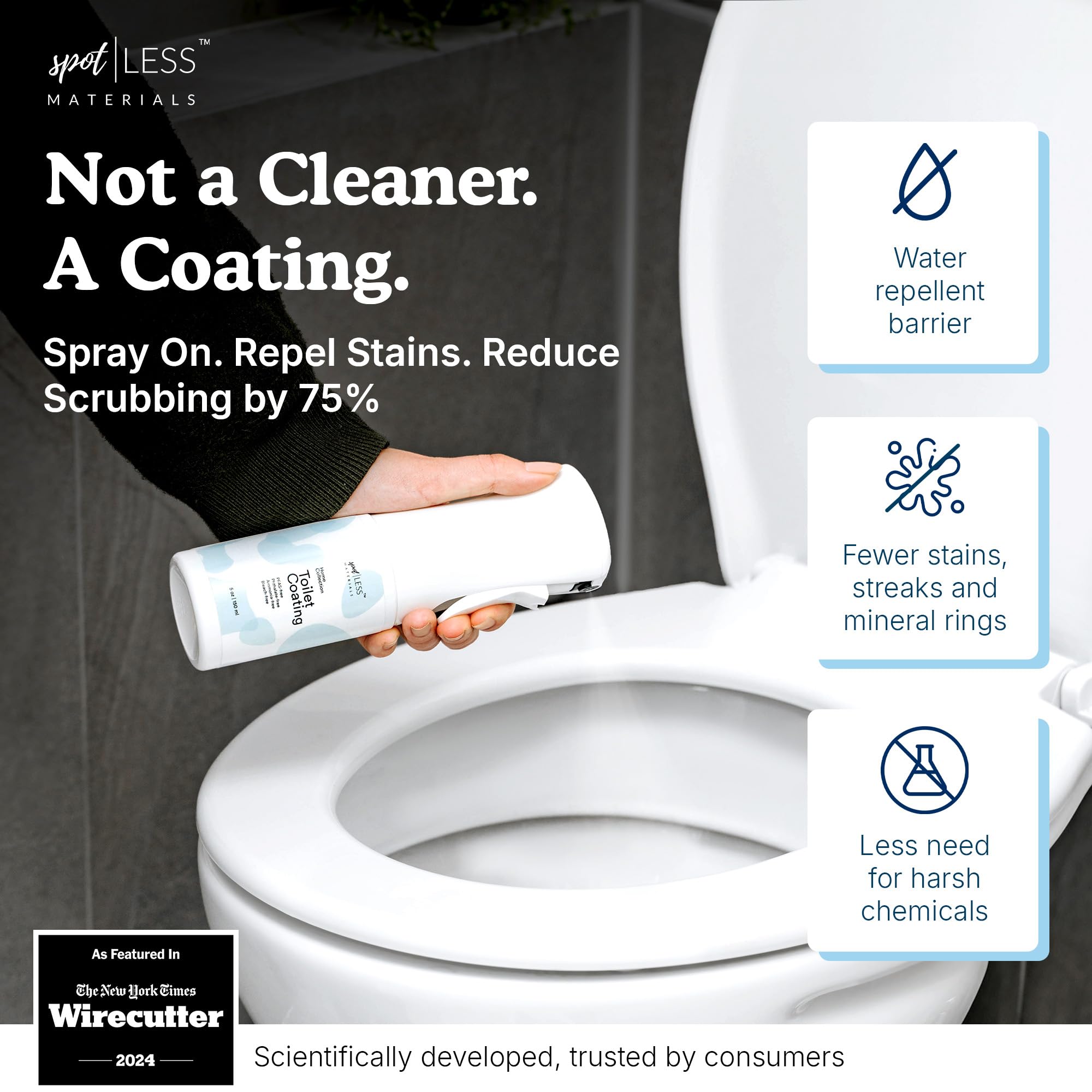 SpotLESS Materials toilet coating spray demonstrating quick coverage on ceramic surfaces.