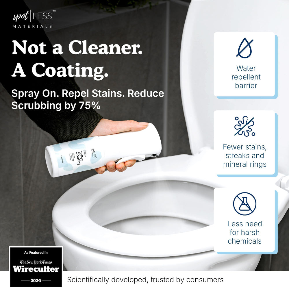 SpotLESS Materials toilet coating spray demonstrating quick coverage on ceramic surfaces.