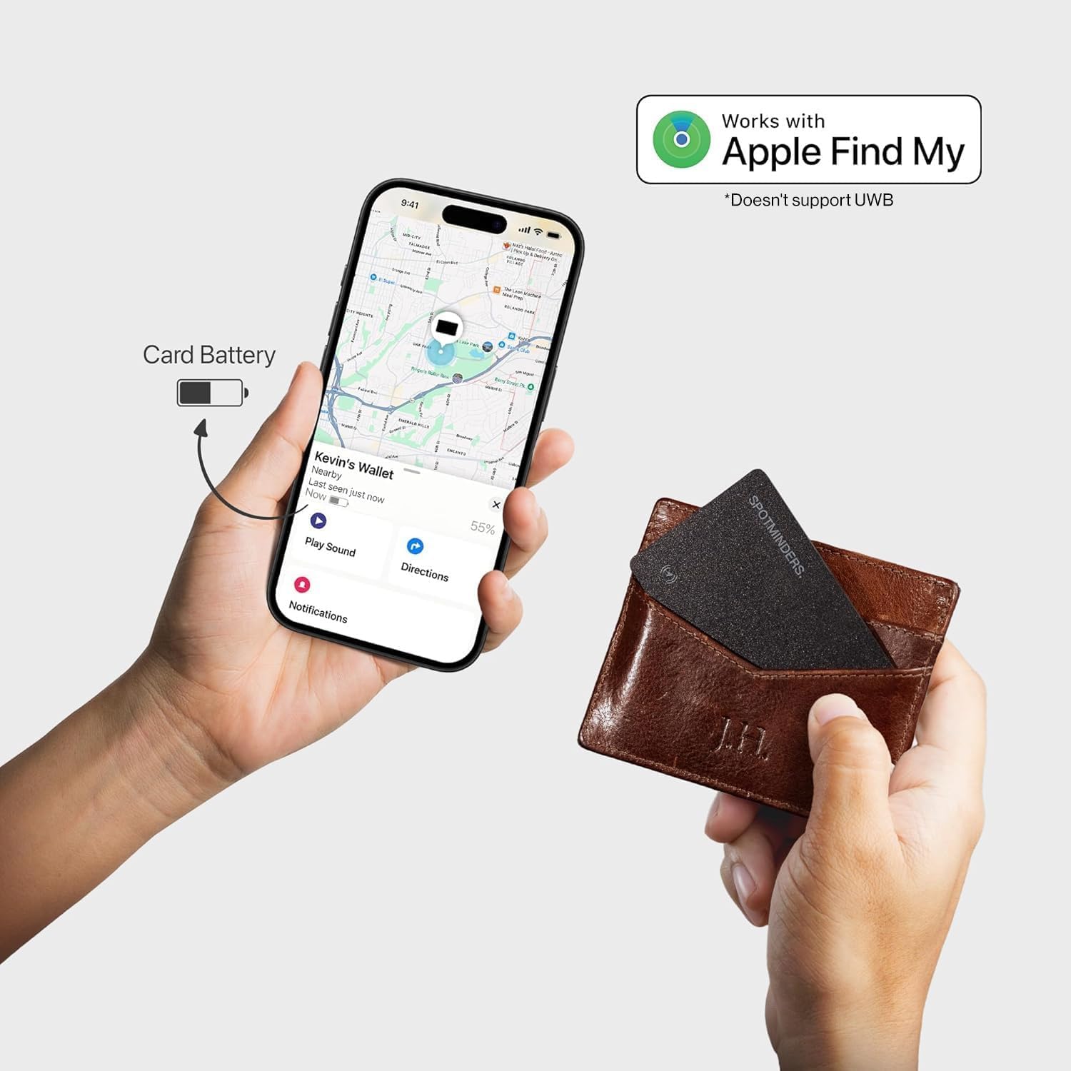 Spotminders wallet tracker slim design fits flatly without bulk.