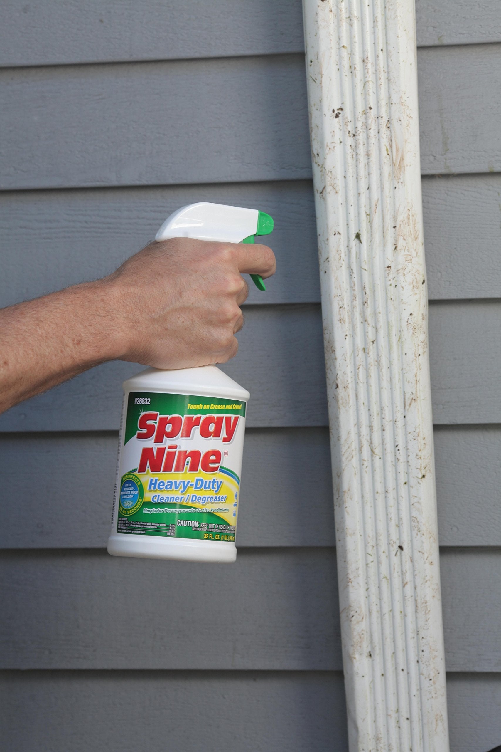 Spray Nine sanitizes bathroom surfaces quickly.