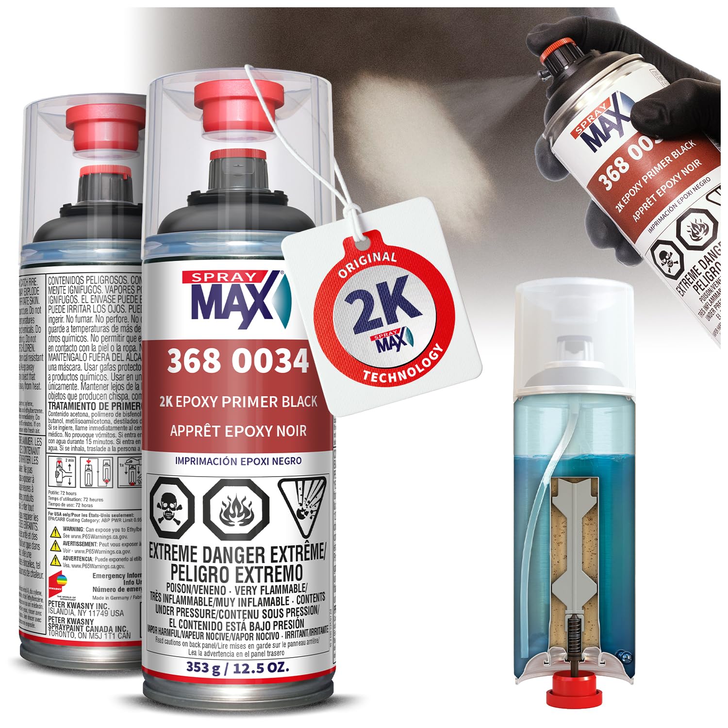 SprayMax 2K Epoxy Primer Black can shows professional-grade primer for metal.