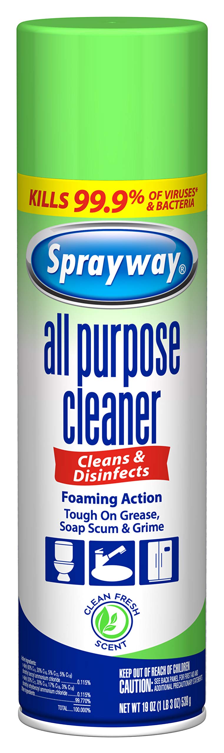 Sprayway all-purpose disinfectant bottle with foaming action for thorough cleaning.