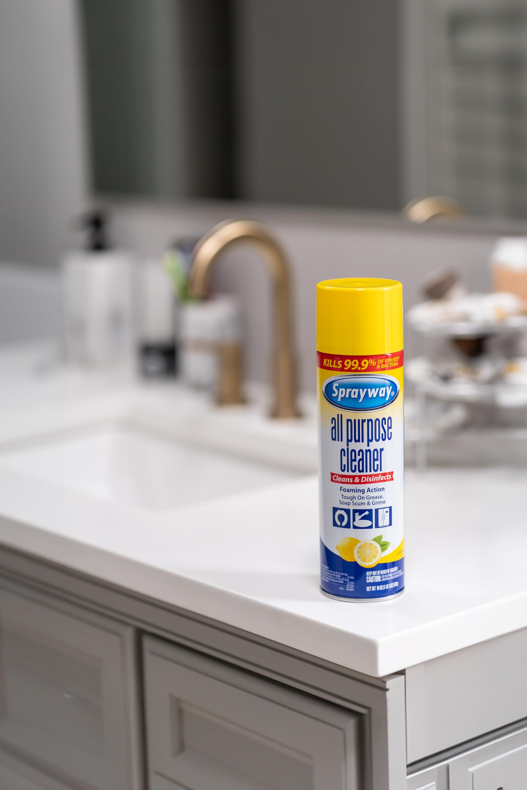 Sprayway bathroom tile foam cleaner tackling soap scum.